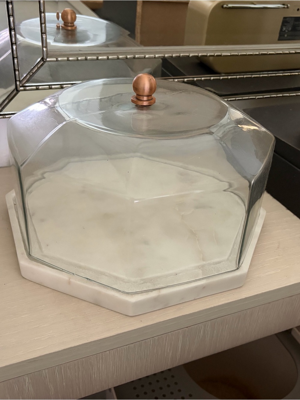Magnolia Glass Dome Cake Stand with Marble Base and Rose Gold Knob